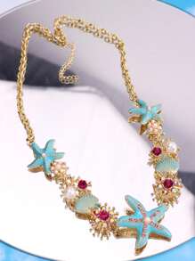 1pc Fashionable, Exquisite, Lively, Creative, Cute, Unique, Shiny Niche Bohemian Style Blue Starfish & Shell Necklace, For Women, Suitable For Summer Beach, Vacation, Daily, Party, Holiday