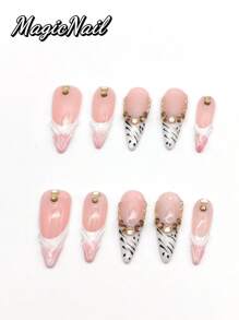 10 Pieces Of Pure Hand-Pressed Wearable Nail, Press On Nails,Nail Supplies,Nails Ptess On,Beach Essentials,33mm Long Nail Pieces, Pink And White Contrasting Colors, Hand-Painted Black Striped Decoration, Yellow Rhinestones Forming Arc Decoration, Convex Lines Are Threaded. Spring And Summer Style, Cute Nail Film. It Is Suitable For Daily Leisure And Vacation.