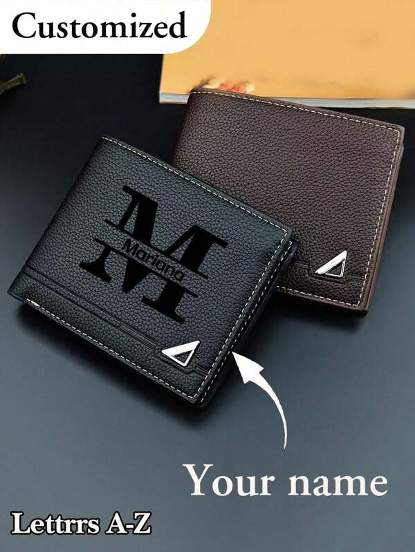 Customized Men's Short Wallet In Solid Color With Letter Print, Made Of PU Leather, PU Simple Bifold Multi-Card Slots Wallet, Personalized Gift For Brother, Father, Boyfriend,Anniversaries, Father's Day, And Christmas,Valentine's Day