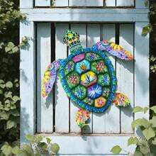 1 pieza Decoración de pared de tortuga verde marina (aproximadamente 12 pulgadas), artesanía de hierro de tortuga decorada con flores coloridas, apta para patio, jardín, valla, decoración de pared, diversos regalos festivos