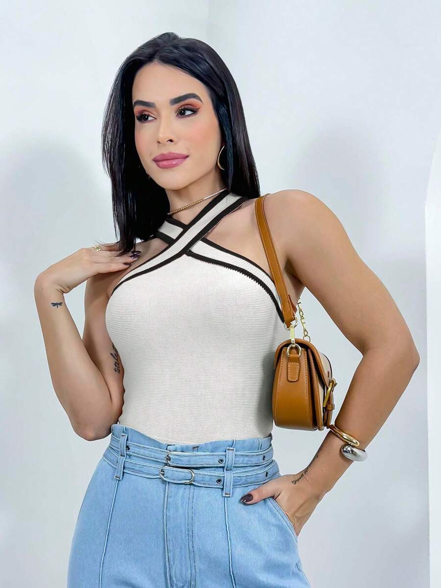 Swisz Cropped Blusa Feminina Regata Decote Cruzado Tricot Modal