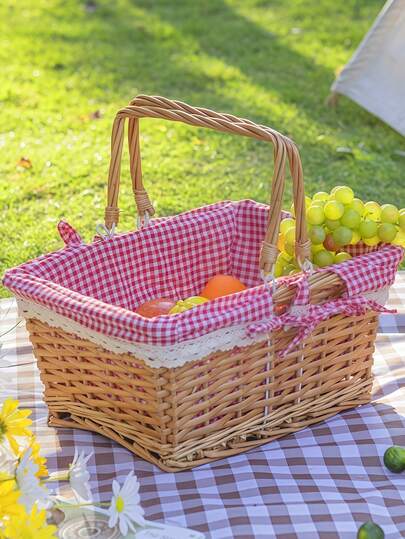 Picnic Basket For 2 , Picnic Baskets With Double Folding Handles,Picnic Set For Beach, Picnic Hamper, Picnic Date Essentials For Outdoor, Picnic Accessories, Wedding,Natural Hand-Woven Basket Lined With Gingham Red And White Lining Great For Gifts,Storage Bins,Storage Containers,Fruit Basket,Gift Basket