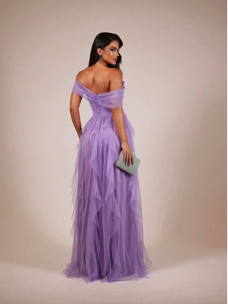 Off Shoulder Tiered Prom Dress. Elegant Zipper Wedding Party - Lilac Purple - View 1