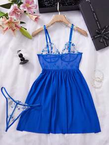 Váy ngủ gợi cảm trong suốt phối lưới và ren tương phản màu trơn dành cho nữ, Rave - Xanh đậm - Xem 2