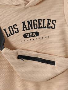 2pcs/Set Young Boy Casual Slogan Print Waffle Patchwork Short Sleeve Hoodie T-Shirt & Shorts + Chest Bag Suit, Suitable For Summer Outdoor, Casual Sports, Daily School Wear - Khaki - View 5