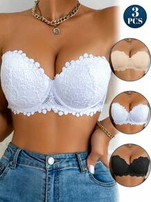 3 paquetes de ropa interior sexy de encaje de media copa para mujer, sujetador con aros de apoyo cómodo que levanta el busto