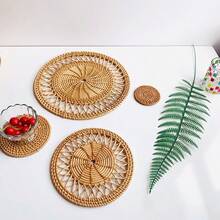 1pc Woven Rattan Coaster, Heat Insulation Mat, Tableware Mat, Heat-Resistant Trivet, Convenient Pot Holder, Wooden Dining Mat, Practical Placemat, Home Pot Pad, Heat-Resistant Pad, Bowl Stand Mat, Suitable For Living Room, Kitchen, Home Decor - Khaki - View 7