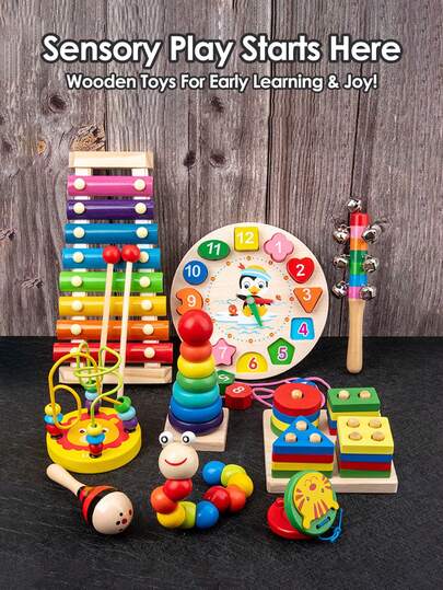 Wooden Baby Learning Toys Set - Threading Clock, Beads, Percussion Clapper, Building Blocks, Musical Xylophone, 3D Puzzle, Caterpillar Lacing, Number & Shape Matching Game,Building Blocks STEM Toys For 1-3 Year Old Boys Girls Early Educational Gift (Baby Learning Toys For Boys Girls)
