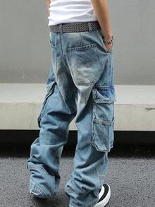 MH1035-1-Pantalones cargo holgados de mezclilla para hombre, estilo urbano, de pierna ancha, estilo ropa de trabajo con bolsillos laterales grandes - Azul lavado medio - Ver 5