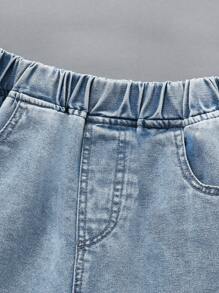 1 pieza Shorts vaqueros de lavado claro de pierna recta casual y vintage para niños preadolescentes