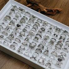 38pcs/Pack Vintage Black Drip Oil Alloy Rings Set, Punk Hip Hop Mixed Style Couples Rings For Party Weddings Everyday Jewelry, Random Delivery In OPP Bag