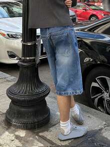 春夏新款时尚休闲水洗牛仔七分裤，宽松百搭，简约风格牛仔裤 - 藍色 - 查看 2