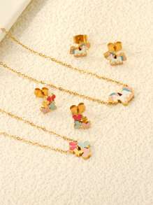Set de collier et boucles d'oreilles en acier inoxydable pour femmes, avec gouttes de couleurs douces, poney mélangé et papillons. Bijoux personnalisés créatifs, cadeau idéal pour l'été