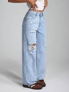 Jeanoix Holes Ripped Casual Water Wash Straight Jeans - Medium Wash - View 5