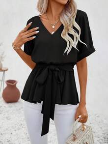 Womens V Neck Short Sleeve Belted Tops Casual Blouse Basic Tee Shirts - 黑色 - 查看 1