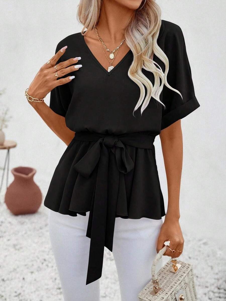 Womens V Neck Short Sleeve Belted Tops Casual Blouse Basic Tee Shirts - 黑色 - 查看 1