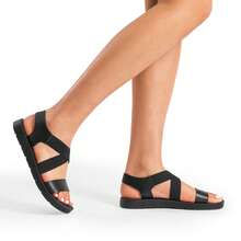 Women Flat Sandals Elastic Crisscross Ankle Strap Open Toe Summer Sandals Vacation Comfortable Shoes - 純黑色 - 查看 3