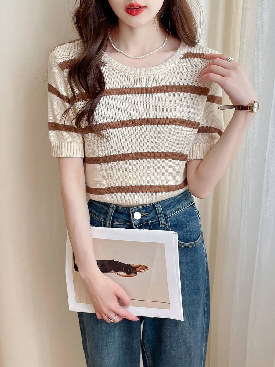 女士夏季休闲简约条纹圆领短袖套头衫 - 杏色 - 查看 1