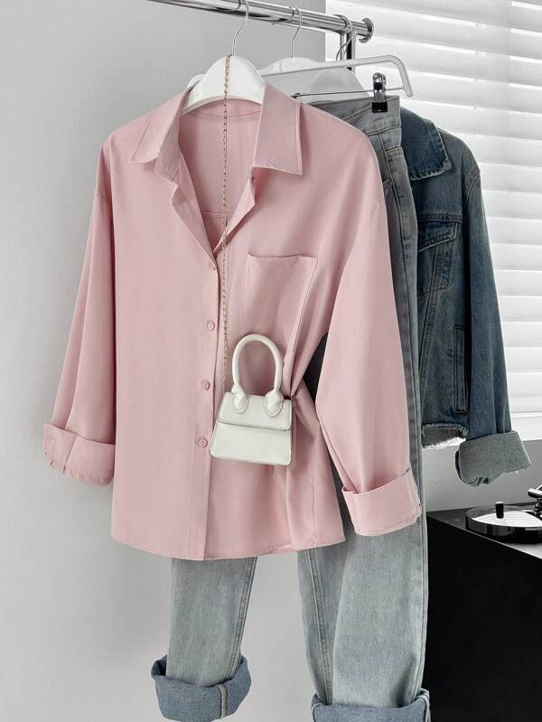 Women Pink Casual Blouse, Loose Fitting Top, Suitable For All Seasons