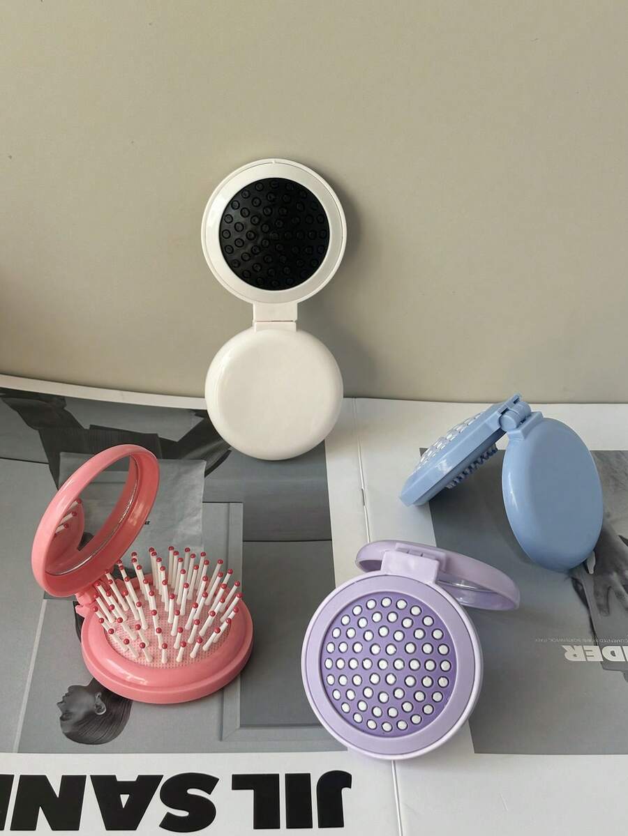 可爱马卡龙迷你发刷带内置镜子 - 可折叠顺发器，适合外出使用（1 件）、返校、旅行度假必备品、女士发饰