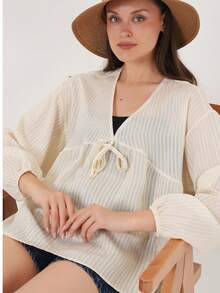 Women Elegant Knotted Ribbed Collar Blouse, Solid Color, Beach - Beige - View 2