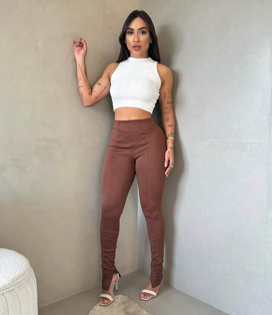 Women's Casual Elegant Split Riding Trousers - Óxido marrón - Ver 1
