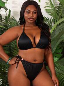 Slaydiva Summer Beach Plus Size Mono Bikini Set Halter Triangle Bra & Tie Side Bikini Bottom 2 Pieces Bikini - Black - View 4