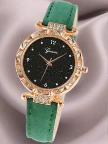 5pcs/Set Fashion Minimalist Rhinestone Number & Dot Dial Leather Band Quartz Watch + Necklace + Ring + Earrings Set For Women