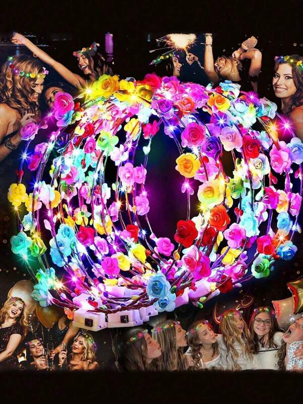 20 piezas Accesorio para el cabello con corona de flores LED, diseñado especialmente para mujeres. Pueden usarse como adornos para el cabello. Las radiantes diademas con corona de flores son adecuadas como regalos para bodas, cumpleaños, fiestas de Matilda, juegos de roles, fiestas de princesas y también pueden usarse como suministros para fiestas. Decoración de Año Nuevo, Feliz Año Nuevo