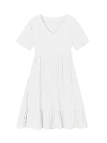 Women's Mini Dress - Solid Color V-Neck Design, Short-Sleeved Cut To Show The Fresh Temperament, Loose Fit For Summer Casual Wear, Both Fashion And Comfort - trắng - Xem 7