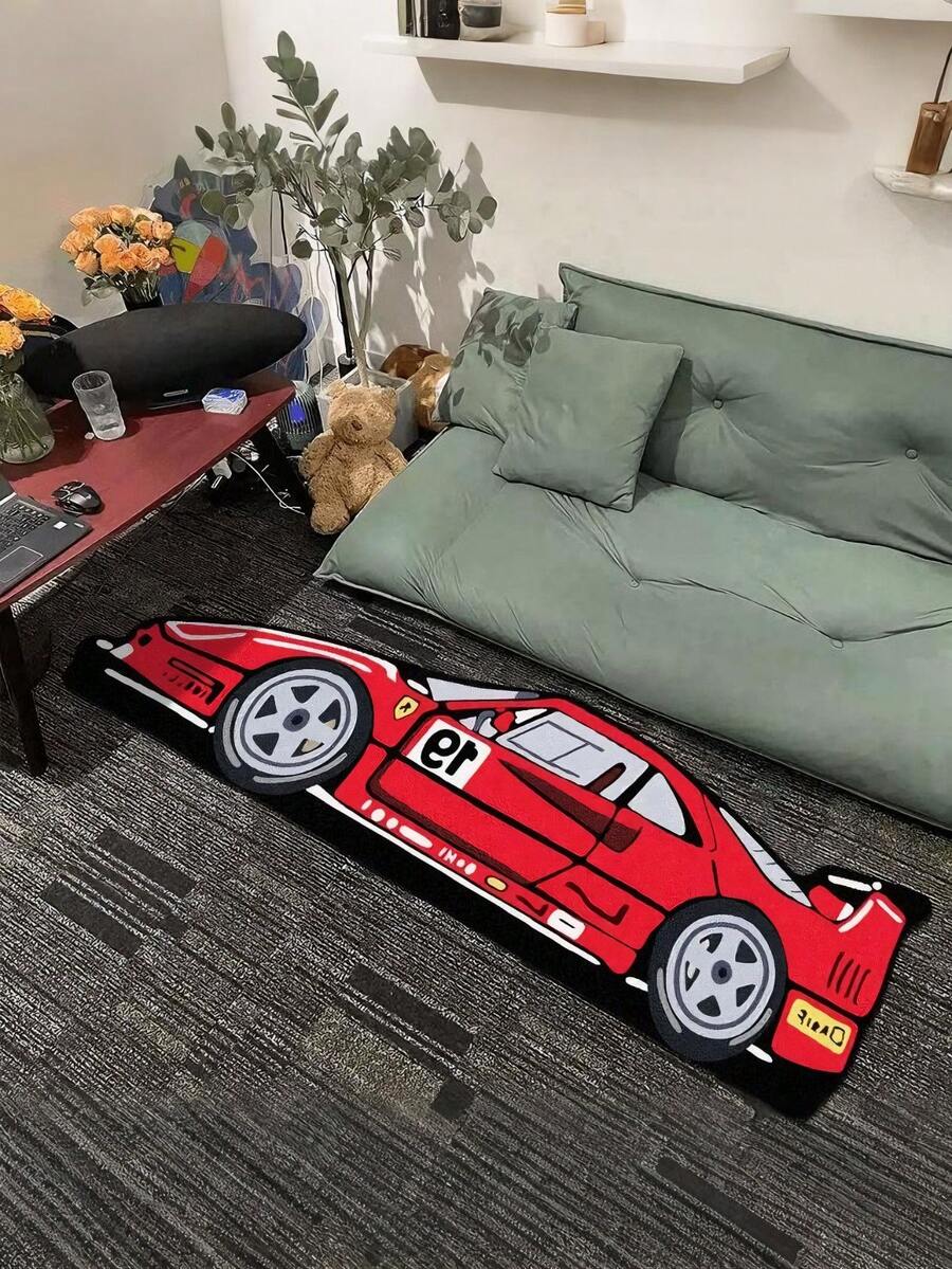 1pc Racing Car Design Area Rug, Plush Soft Feeling Carpet, Suitable For Living Room, Bedroom, Kitchen, Holiday Decor Rug, Bedside Mat, All-Season Attractiveness, Ideal For Indoor Use (Handcrafted Asymmetrical Shape May Have 1-5cm Deviation, Recommend Buying Slightly Larger)