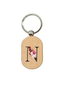 1个黑色字母A-Z花卉图案木质钥匙扣，首字母木质吊坠，创意小礼物，可雕刻，可作包包挂件、木质标签、钥匙扣、戒指、雕刻空白木板、DIY配件、返校礼物 - 杏色 - 查看 4