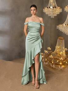 Faeriesty 优雅缎面晚礼服 - 露肩不对称下摆，侧开衩，荷叶边拖尾，时尚美人鱼轮廓，适合红毯盛宴、婚礼活动和正式晚宴 - 薄荷綠 - 查看 4