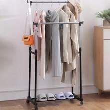 Floor Hanging Rack - Double Rods, Telescopic, Adjustable, Mobile Clothes Hanger, Clothes Rack, Clothes Holder, Reinforcement, Simple Design - Black - View 7