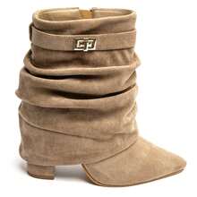 Women's Solid Color Pointed Toe Zipper Mid-Calf Boots With Buckle - TAUPE - View 3