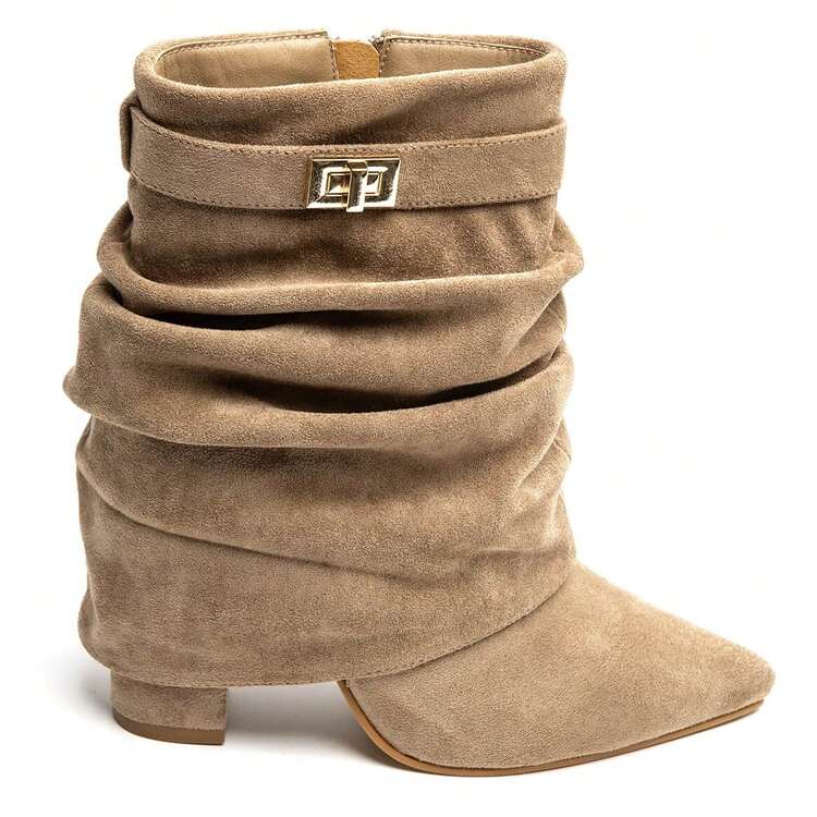 Women's Solid Color Pointed Toe Zipper Mid-Calf Boots With Buckle - TAUPE - View 2