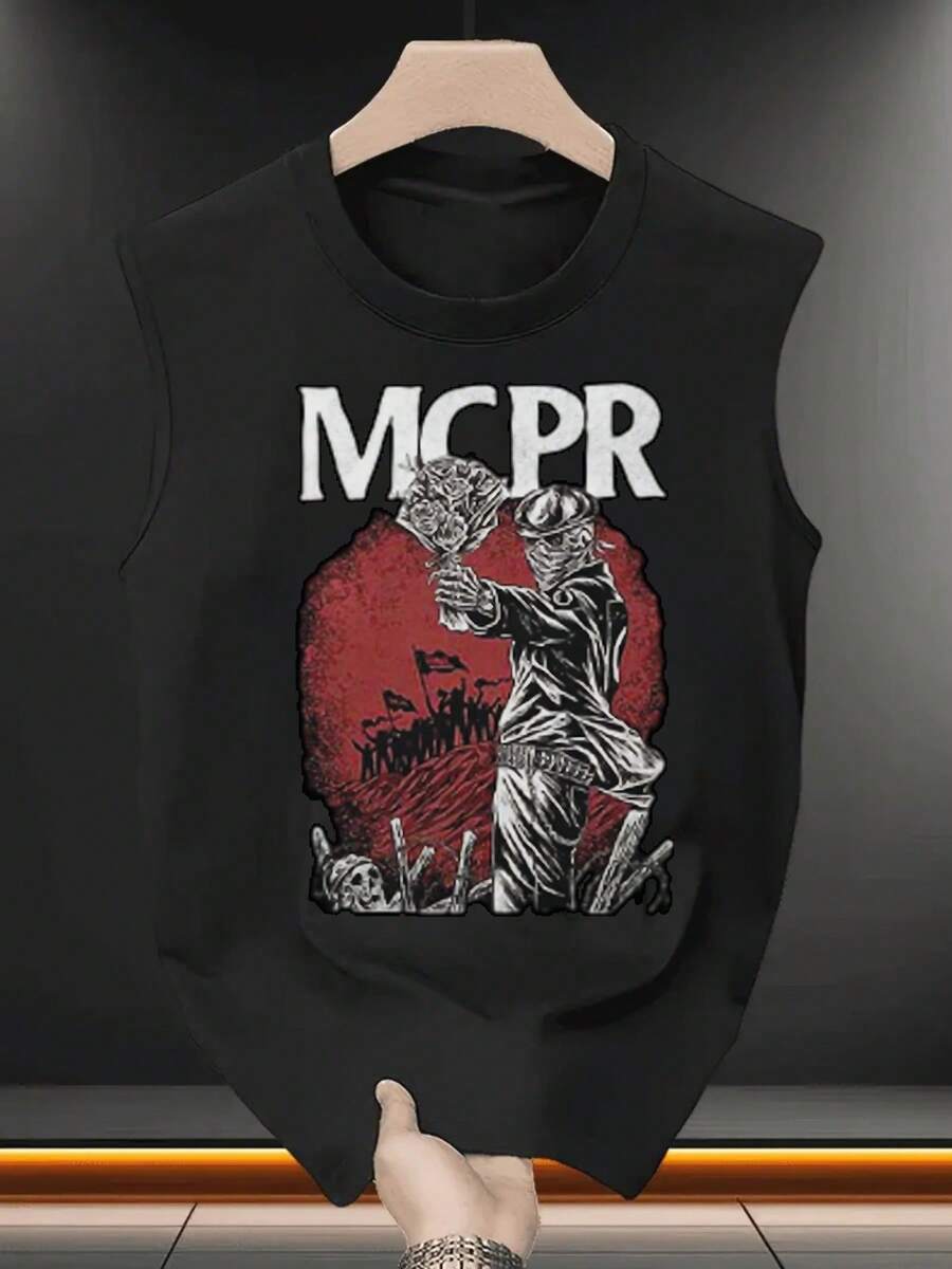 1pcs Skull Printed Men's Tank Tops Gothic Men's Casual Tank Tops 100% Pure Cotton Ideal Choice For Summer & Everyday Wear - Black - View 1