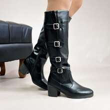 Synthetic Riding Boot Buckles Medium Heel Comfort Classic Style Versatility Punk Vintage - Black - View 1