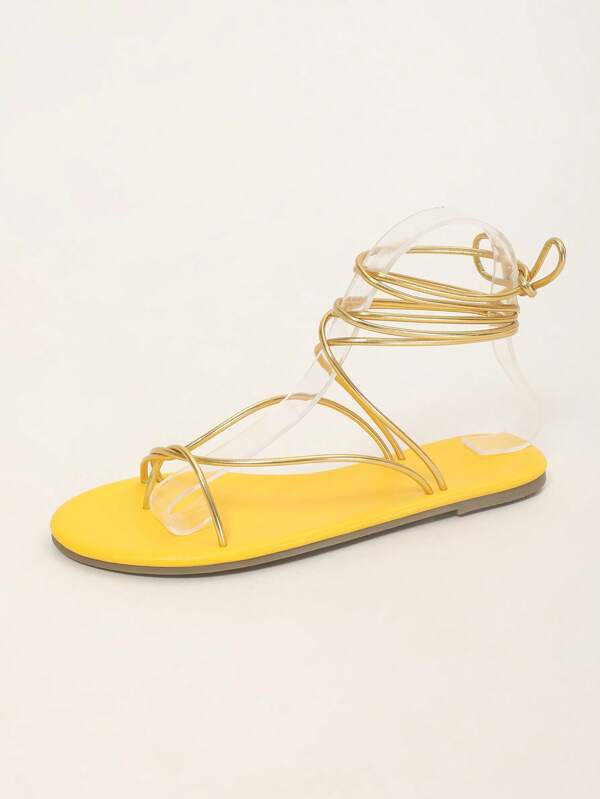 2025 New Summer Women's Shoes, Gold Strappy Flip Flops, Flat Sandals For Summer