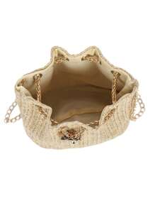 New Straw Shoulder Bag, Fashion Metal Chain Straw Crossbody Bag, Stylish Lightweight Mini Messenger Bag For Women With Metal Lock Accent