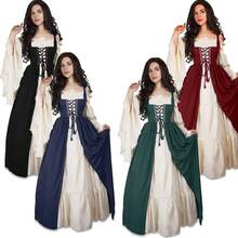 Vestido largo retro europeo y americano con tirantes estilo renacentista, corte medieval, traje de escenario - Azul [falda + chaleco + cinta] - Ver 1