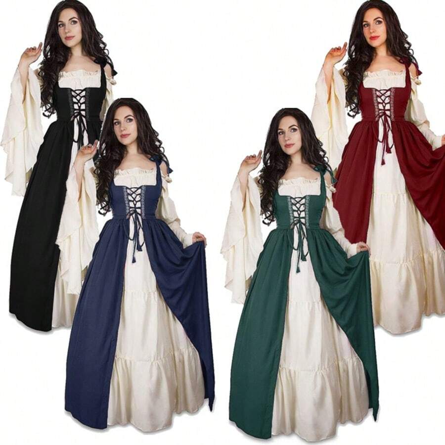Vestido largo retro europeo y americano con tirantes estilo renacentista, corte medieval, traje de escenario - Azul [falda + chaleco + cinta] - Ver 1