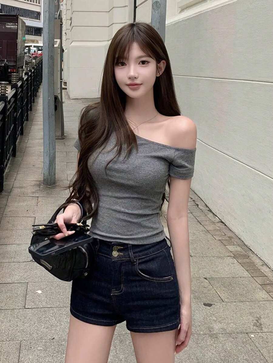 性感不对称领短袖修身露脐T恤 夏季 - 深灰 - 查看 1