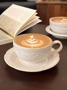 1 Set French Retro Glaze Ceramic Coffee Cup & Saucer, Luxury Latte Art Cup, Baroque Style Embossed Mugs - Enjoyable For Afternoon Tea, Perfect Gift For Mother's Day, Thanksgiving, Elders