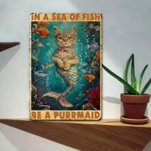 Puin Sign | 'Be A Rrmaid' WVintage Mermaid Cat Metal Thimsical Wall Art | 12x8" High-Quality Tinplate | Multi-Color Underwater Scene With Vibrant Fish & Coral Design | Durable, Easy-To-Hang Decor For Home, Bar, Garden, Office | Ideal Gift For Cat Lovers, Mermaid Decor