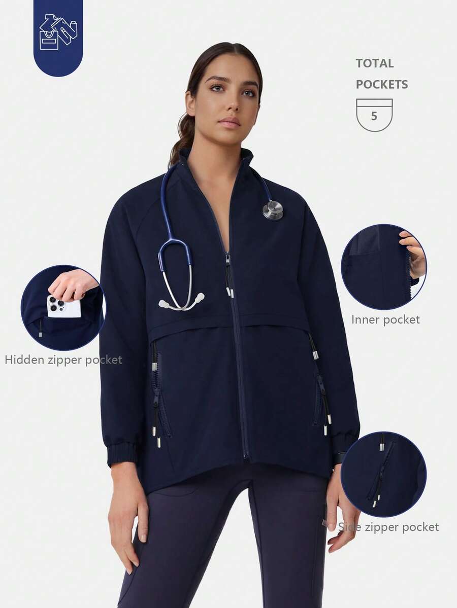 Women's Matte Finish Long Sleeve Multi-Pocket Zipper Front Scrubs Jacket With Inner Pocket, Lightweight Scrubs Workwear For Nurses, Dentists, Healthcare, Pet Hospital, Laboratory - Navy Blue - View 1