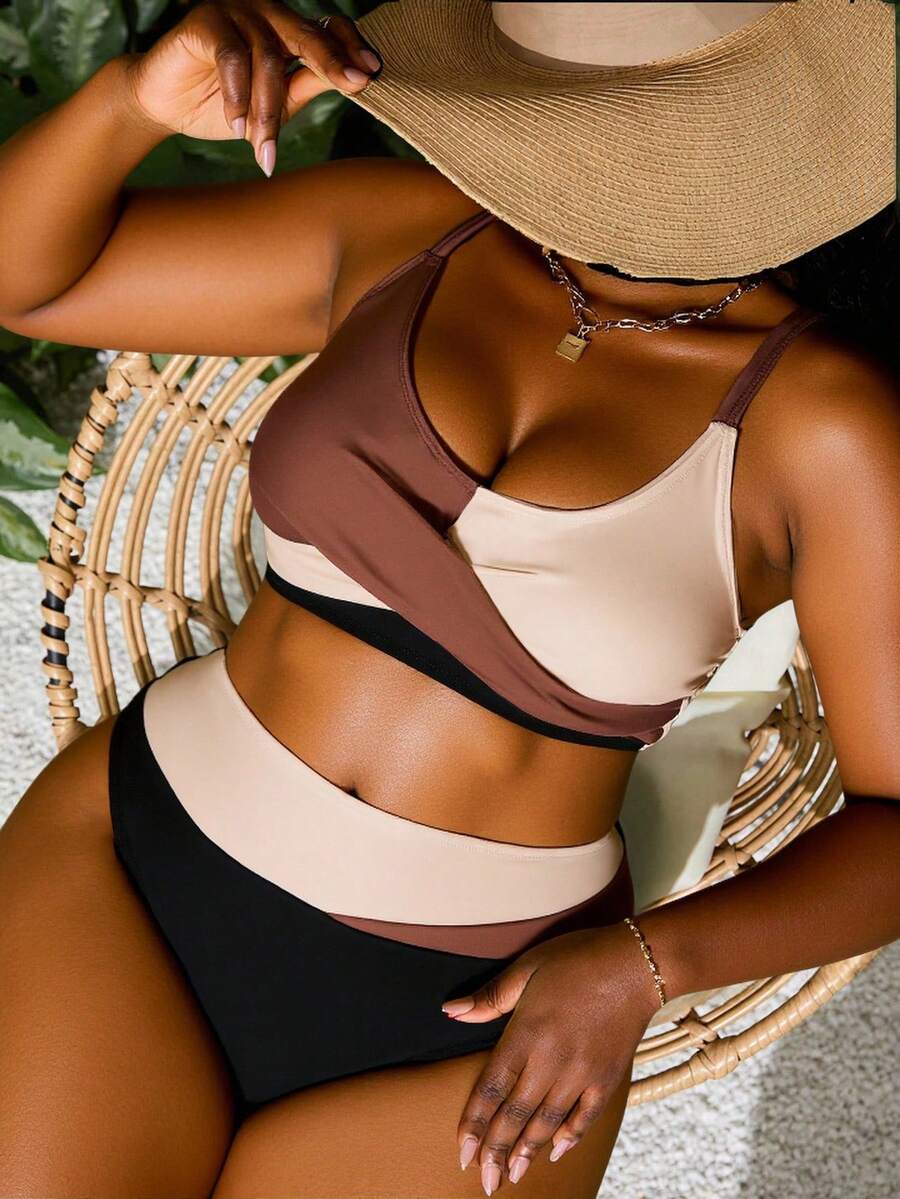 Slaydiva Ensemble de bikini deux pièces à bretelles spaghetti et blocs de couleurs, grande taille pour l'été