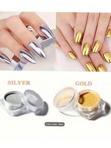 2pcs/Set Odorless Y2K  Gold Round Nail Powder, High Color Payoff, Metallic Holographic Mirror Nail Powder, 2 Colors/Set - Multicolor - View 3