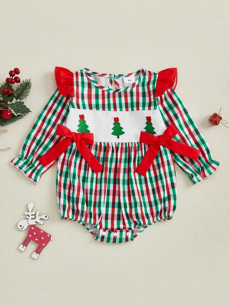 Mono informal de manga larga con lazo a cuadros y bordado navideño para niñas recién nacidas, ropa de moda - Verde - Ver 1