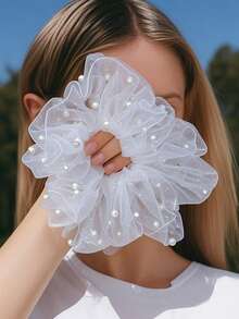 1pc French Bridal Faux Pearl Mesh Big Hair Scrunchies, Hair Accessories - White Pearl - View 3